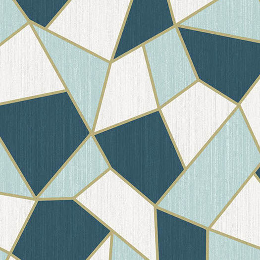 Geometrisch Arte-behang Insolence Blast 34581 met abstracte vormen in blauw, wit en goudlijnen.