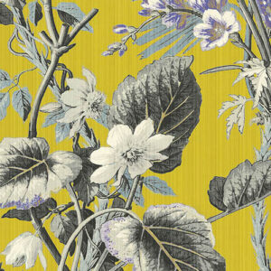 Bloemenpatroon van het Arte-behang Insolence Grow 34640 met grijs-witte bloemen en bladeren op een okergele achtergrond.