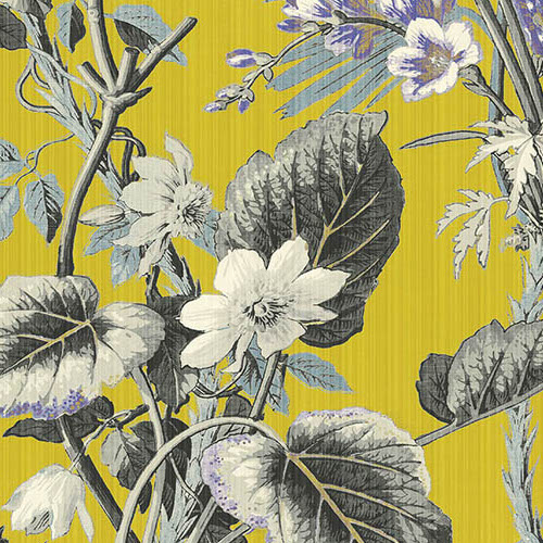 Bloemenpatroon van het Arte-behang Insolence Grow 34640 met grijs-witte bloemen en bladeren op een okergele achtergrond.