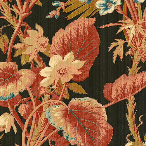 Bloemrijk Arte-behang van het type Insolence Grow 34641 met grote, vintage ogende bladeren en bloemen op een donkere achtergrond.