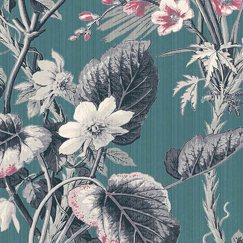 Gedetailleerd bloemenpatroon op blauwgroene achtergrond uit het Arte-behang Insolence Grow 34642.
