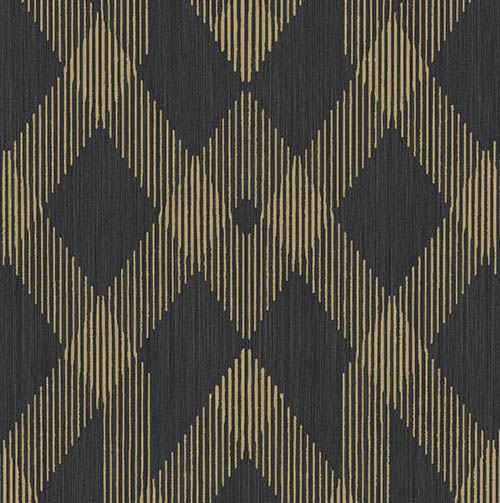 Donkerblauw Arte-behang uit de Insolence Moxie 34621 collectie met goudkleurig geometrisch lijnpatroon.