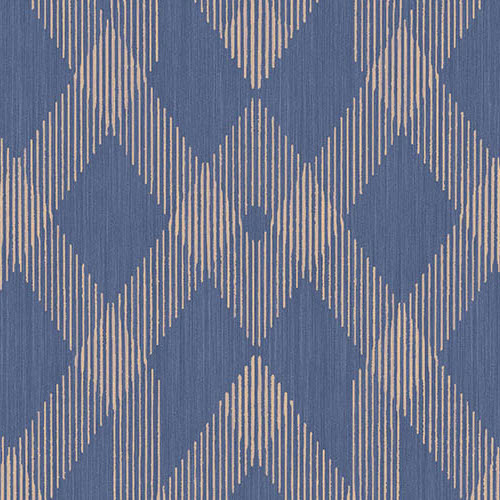 Blauw Arte-behang uit de Insolence Moxie-collectie met een grafisch patroon van verticale strepen en diamantvormen.