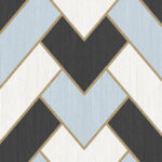 Grafisch Arte-behang uit de Insolence Vanity 34560 collectie met een geometrisch zigzagpatroon in zwart, lichtblauw en wit met gouden accenten.