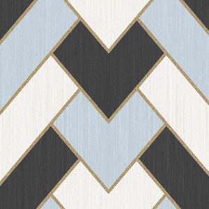 Grafisch Arte-behang uit de Insolence Vanity 34560 collectie met een geometrisch zigzagpatroon in zwart, lichtblauw en wit met gouden accenten.