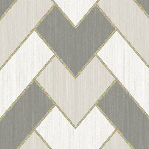 Behangpatroon van Arte Insolence Vanity 34561 met geometrische chevronvormen in grijs- en crèmetinten met gouden accenten.