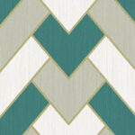 Geometrisch Arte-behang uit de Insolence Vanity 34562 collectie met een zigzagpatroon in groen, beige en wit met gouden accenten.