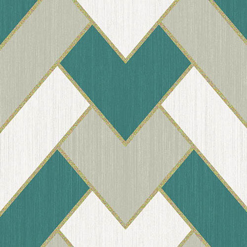 Geometrisch Arte-behang uit de Insolence Vanity 34562 collectie met een zigzagpatroon in groen, beige en wit met gouden accenten.