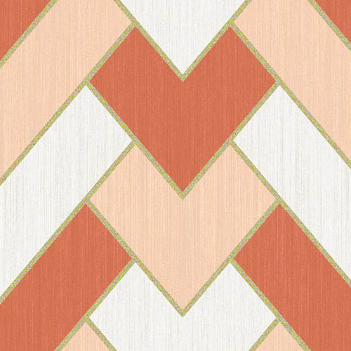Geometrisch Arte-behangpatroon Insolence Vanity 34563 met V-vormen in rood, zalmroze en wit, afgewerkt met goudkleurige lijnen.