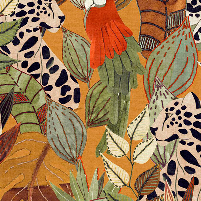 Decoratief Arte-behang uit de JV800 Tierra Giungla 6641 serie met tropische bladeren, een papegaai en jaguars op een warme oranje achtergrond.