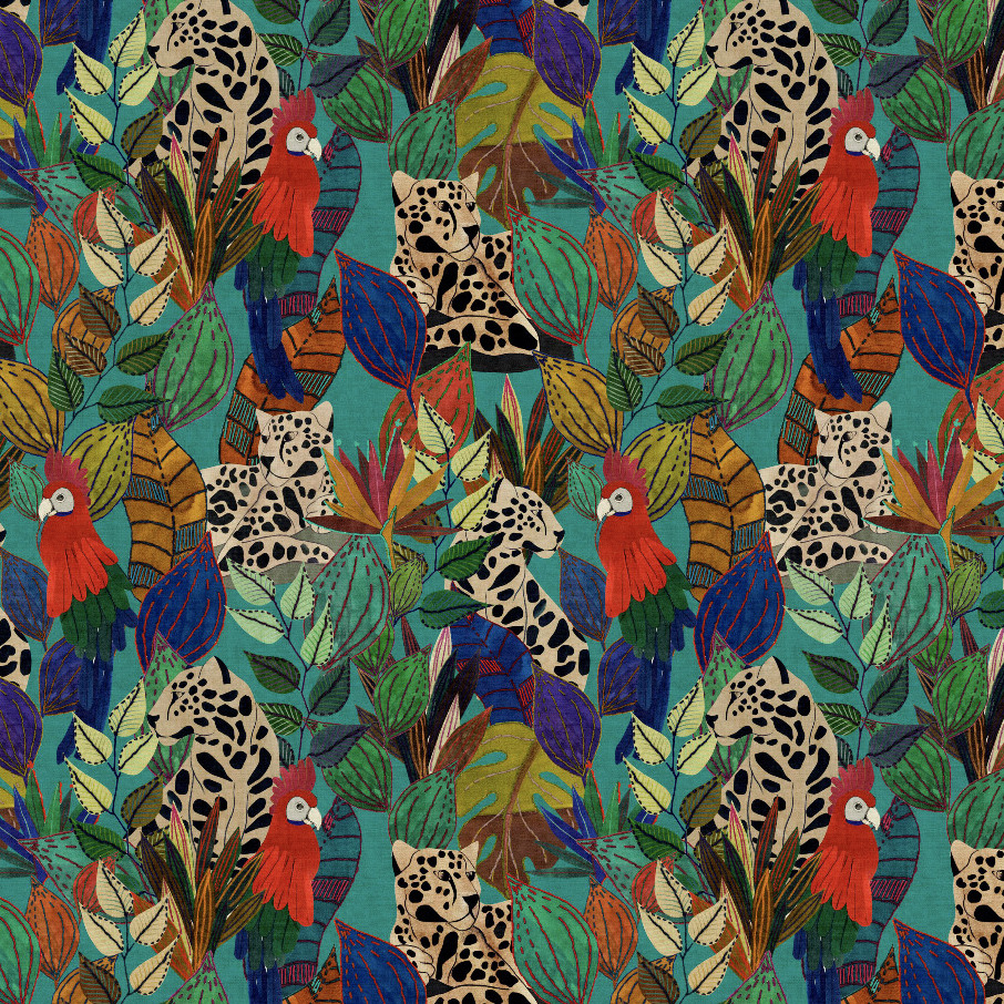 Decoratief Arte behangpatroon Tierra Giungla 6642 met kleurrijke bladeren, luipaarden en papegaaien in een jungle-thema.