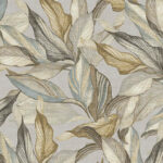 Behang met een patroon van grote, gestileerde bladeren in aardetinten en blauwgrijs op een neutrale achtergrond.