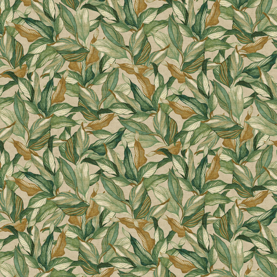 Behangpatroon Arte JV800 Tierra Mediterraneo 6611 met een dicht bladmotief in groentinten en aardekleuren op een beige achtergrond.