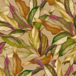 Decoratief Arte behang uit de Tierra Mediterraneo collectie met een kleurrijk patroon van grote bladeren in groen, bruin, crème en paars op een beige achtergrond.