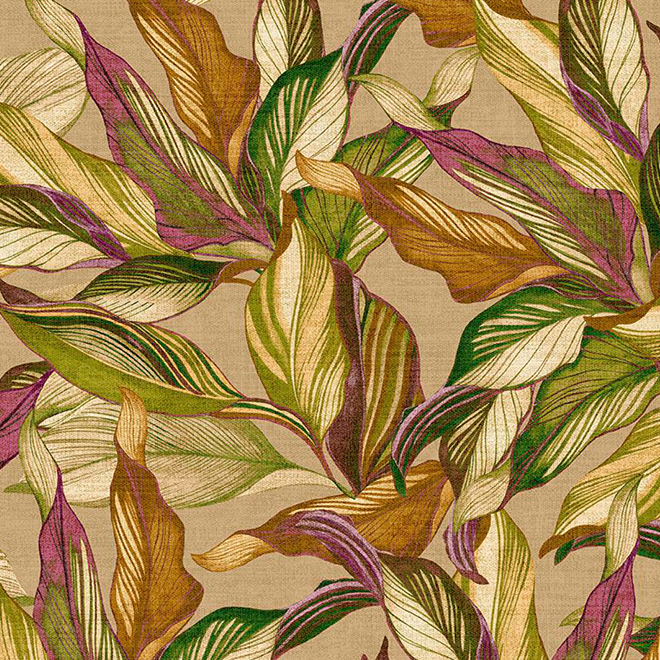 Decoratief Arte behang uit de Tierra Mediterraneo collectie met een kleurrijk patroon van grote bladeren in groen, bruin, crème en paars op een beige achtergrond.