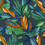 Gedetailleerd behangpatroon uit de Arte JV800 Tierra Mediterraneo-collectie met kleurrijke tropische bladeren in blauw-, groen- en goudtinten op een donkere achtergrond.