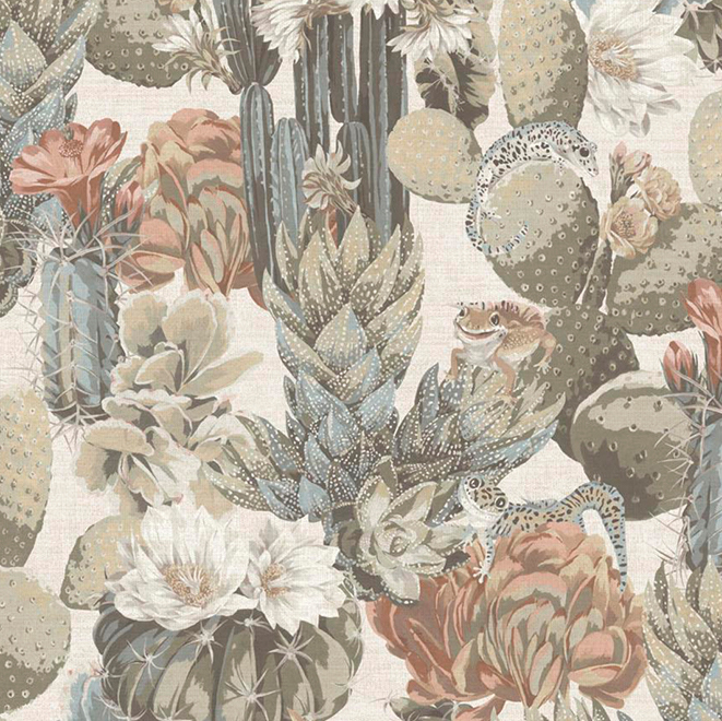 Gedetailleerd behangpatroon uit de Arte JV800 Tierra Noyse 6600 collectie met cactussen, bloemen, een kikker en hagedissen in natuurlijke tinten.