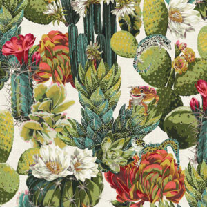 Gedetailleerd Arte-behang uit de Tierra Noyse-collectie met kleurrijke cactussen, bloemen, kikkers en hagedissen.