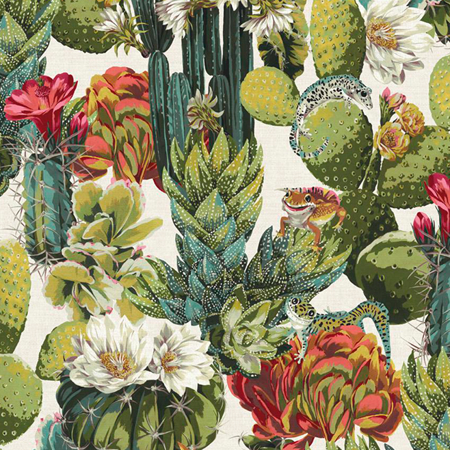 Gedetailleerd Arte-behang uit de Tierra Noyse-collectie met kleurrijke cactussen, bloemen, kikkers en hagedissen.