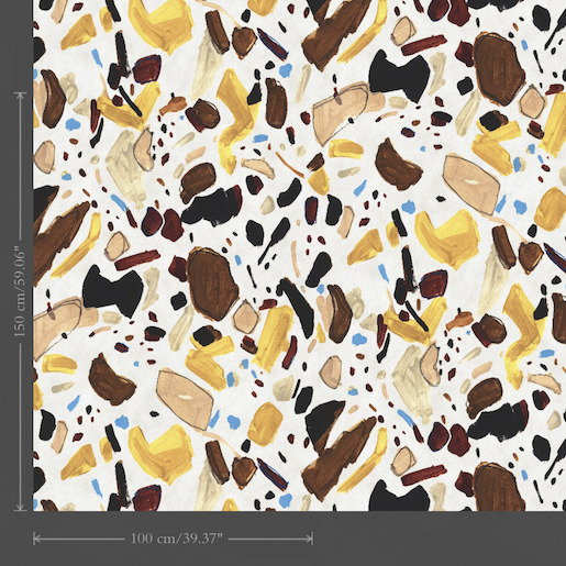 Behang met een kleurrijk Joy Terrific Terrazzo patroon in geel, bruin, zwart en blauw op een witte achtergrond.