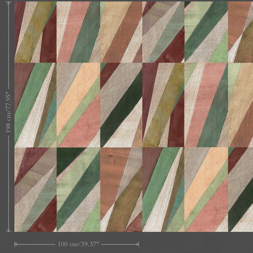 Abstract Arte behang Joy51 met kleurrijk geometrisch patroon van diagonale strepen in aardetinten.