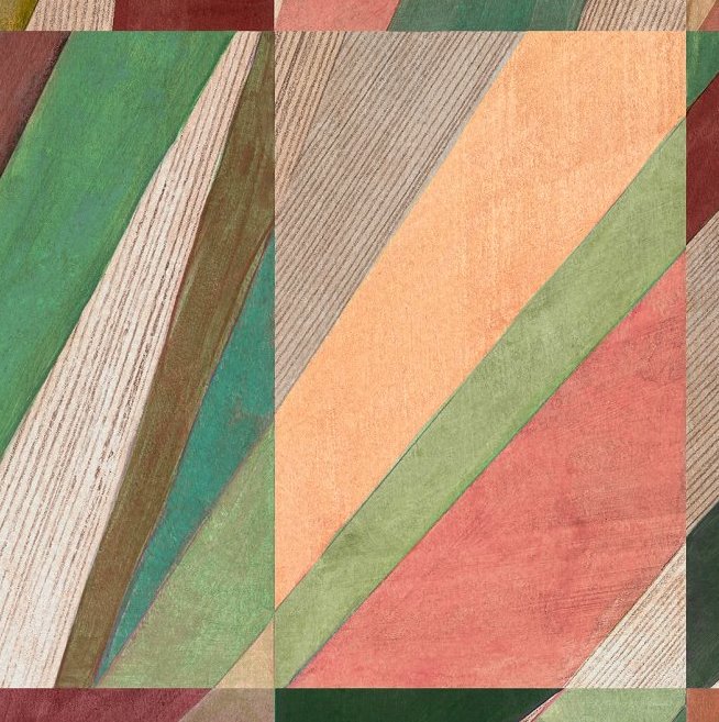 Abstracte close-up van Arte behang Joy Print Charming in multicolor met diagonale banen in groene, roze, oranje en houtnerfstructuren.