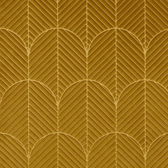 Mosterdgeel Arte-behang Kanso Anicca met een reliëfpatroon van gestileerde bladvormen in verticale herhaling.