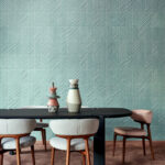 Moderne eethoek met Arte-behang Kanso Iki 72512 in geometrisch patroon op de achtergrond.