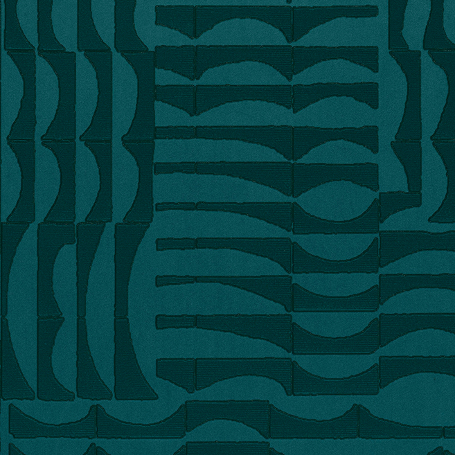Tealgroen Arte-behang Kharga Barkhan 74000 met abstract reliëfpatroon van golvende en geometrische vormen.