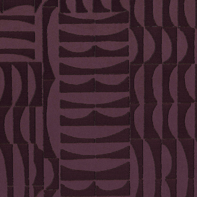 Diep paars Arte-behang Kharga Barkhan 74002 met een abstract reliëfpatroon van geometrische vormen.