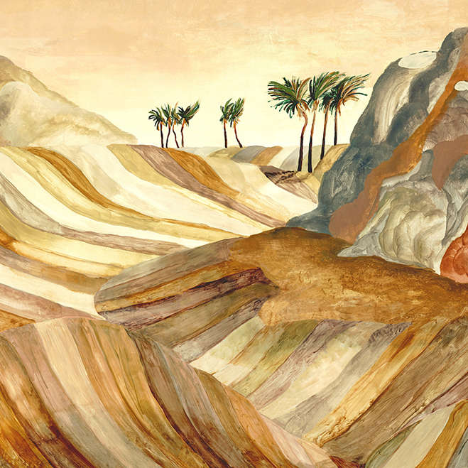 Illustratief behangontwerp met kleurrijke, golvende woestijnlandschappen en palmbomen in warme zandtinten uit de Kharga Zerzura collectie van Arte.