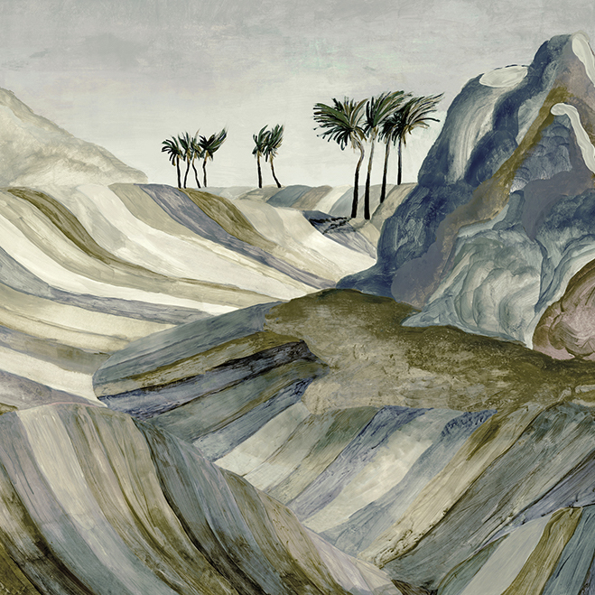 Gestileerd woestijnlandschap met golvende zandformaties, palmbomen en rotsen in nachtkleuren uit het Arte Kharga Zerzura behang.