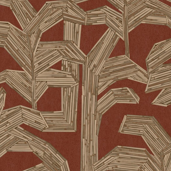 Decoratief Arte-behang Lanai Kailua 81500 met geometrisch bamboepatroon in de vorm van bladeren op een roodbruine achtergrond.