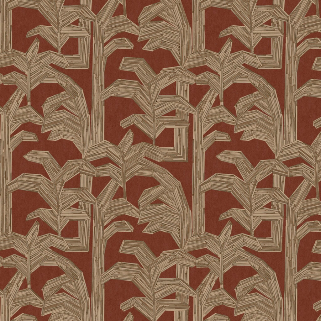 Behangpatroon Arte Lanai Kailua 81500 met gestileerde bladeren in beige op een roodbruine achtergrond.