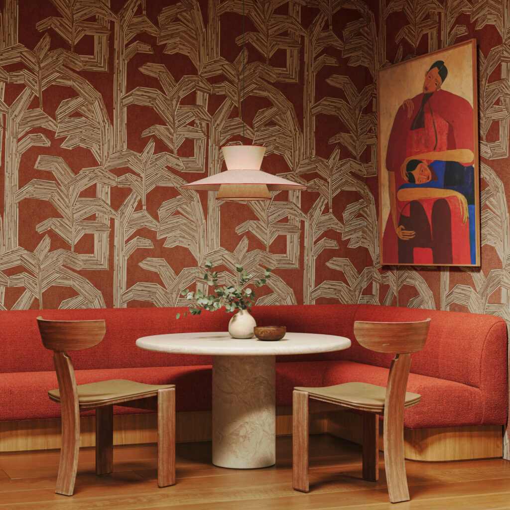 Sfeervolle zithoek met rood Arte-behang Lanai Kailua 81500, ronde eettafel en houten stoelen.