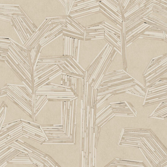 Beige Arte-behang uit de Lanai Kailua 81501 collectie met een grafisch patroon van gestileerde bladeren in bamboe-look.