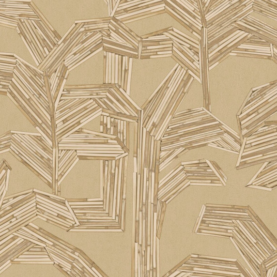 Beige behang met een grafisch patroon van gestileerde bladeren in bamboe-achtige textuur uit de Arte Lanai Kailua 81502 collectie.