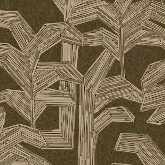 Behang met een patroon van gestileerde bladeren en takken, opgebouwd uit horizontale bamboe-achtige stroken op een donkere achtergrond.