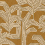 Behang met een grafisch patroon van palmbladeren in houtlook op een warme, bruine achtergrond uit de Arte Lanai Kailua-collectie.