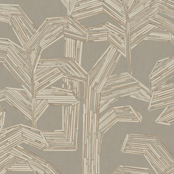 Beige behang met een geometrisch patroon van abstracte bladeren en stammen in houten latstructuur.
