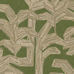 Behangpatroon met gestileerde bladeren van houten latjes op een groene achtergrond uit de Arte Lanai Kailua 81507 collectie.