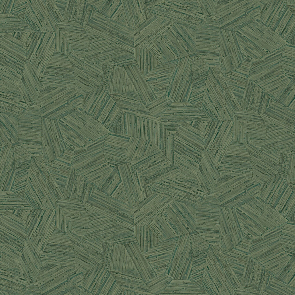 Groen Arte-behang Lanai Mauna 81514 met een geometrisch patroon van overlappende, houtstructuurachtige vlakken.