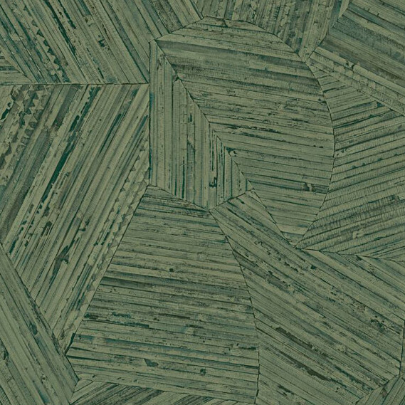 Groen Arte-behang Lanai Mauna 81514 met een geometrisch patroon van gestreepte, overlappende vormen.