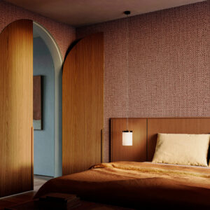 Sfeervolle slaapkamer met Arte-behang Lanai Puna 81540, warme houten accenten en een hanglamp boven het bed.
