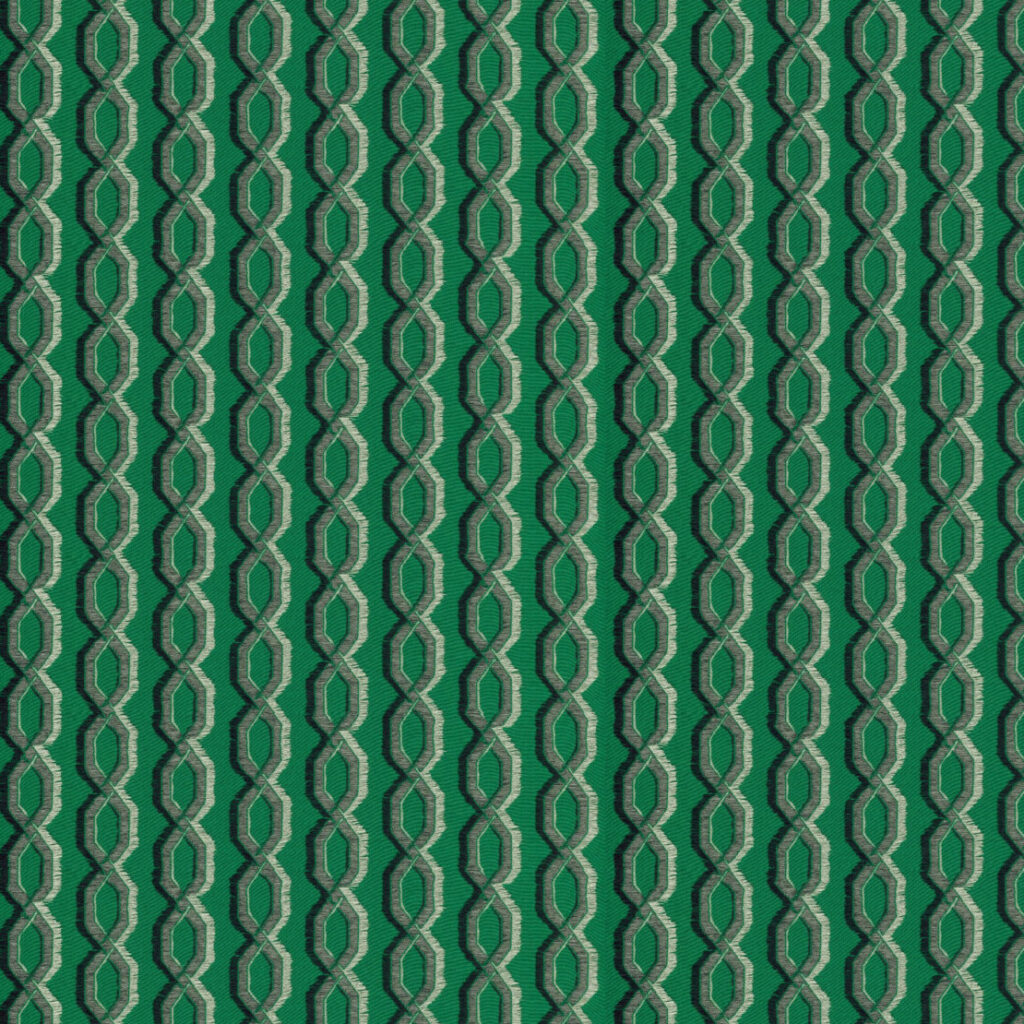 Groen Arte LeCouturier Franges 58520 behang met een geometrisch patroon van verweven ovale vormen in reliëf.