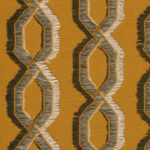 Mosterdgeel Arte-behang uit de Le Couturier Franges collectie met een grafisch patroon van verweven hexagonale vormen en franjestructuur.