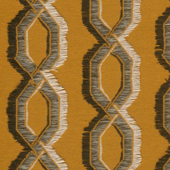 Mosterdgeel Arte-behang uit de Le Couturier Franges collectie met een grafisch patroon van verweven hexagonale vormen en franjestructuur.