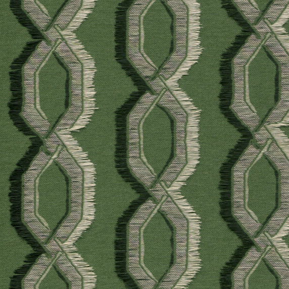 Groen Arte-behang uit de Le Couturier Franges-collectie met een patroon van verweven, geometrische vormen in beige en grijsgroen.