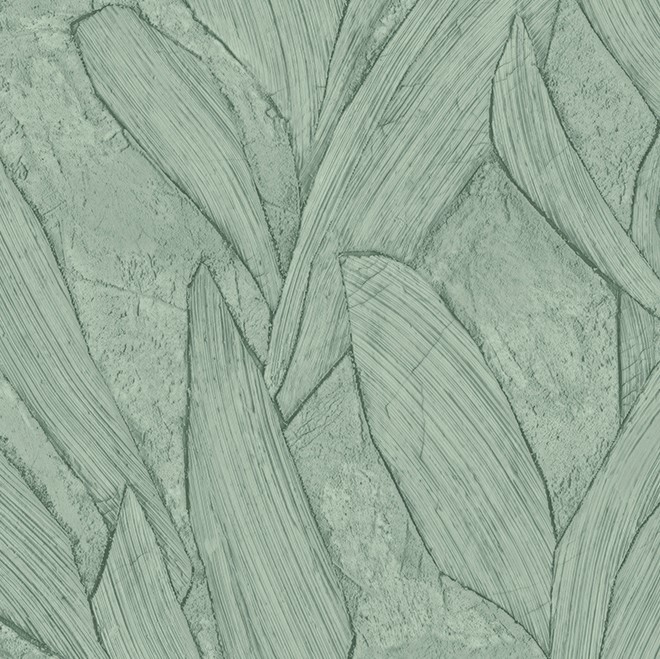 Groen Arte behang uit de Piante-collectie met een reliëfachtig bladpatroon.