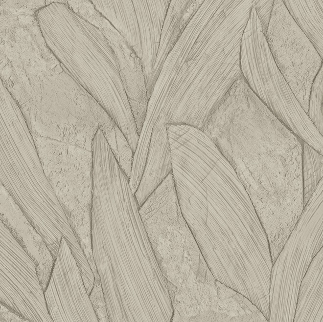 Beige behang met een patroon van grote, gestileerde bladeren en een textuur die op steen lijkt.